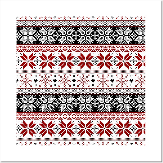 Red and Black Winter Fair Isle Pattern Wall Art by tanyadraws